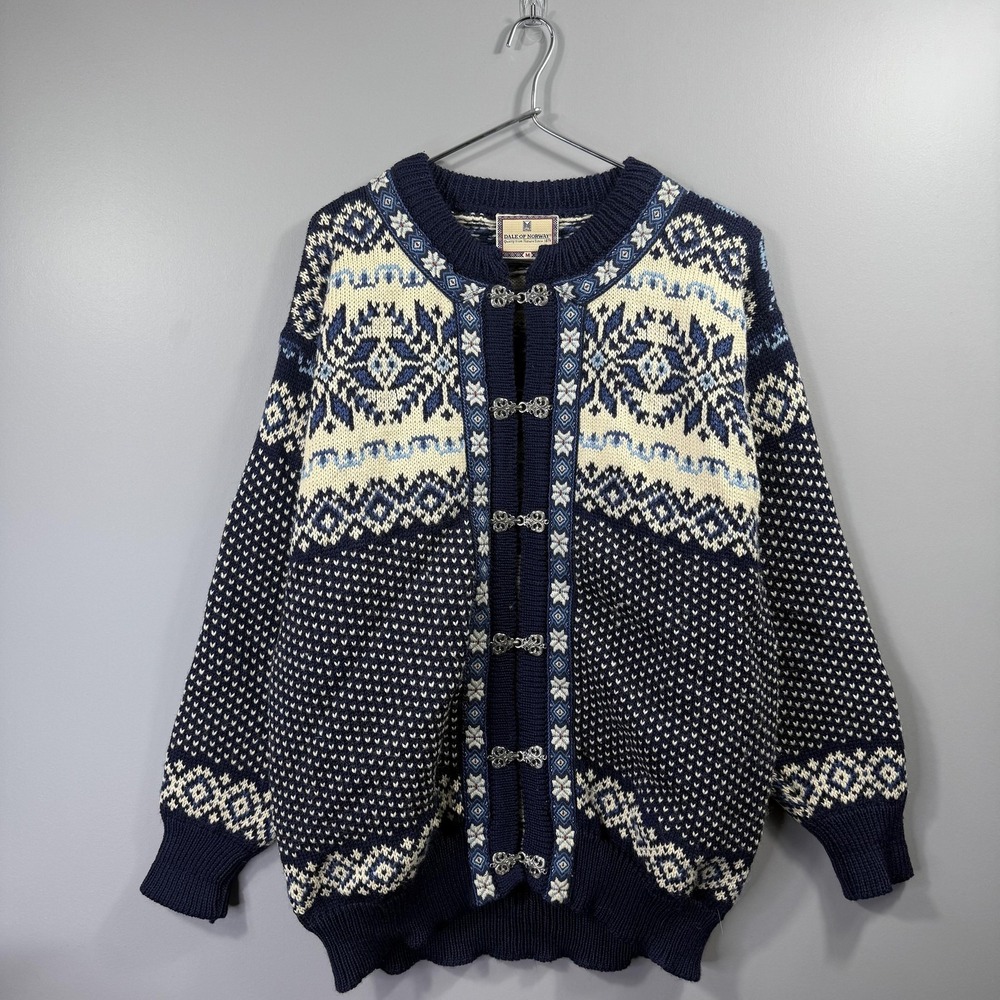 Dale Of Norway Cardigan Sweater Mens Medium Blue Wool Fair Isle Nordic Knit